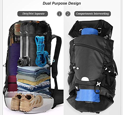 HOMIEE 50L Waterproof Hiking Backpack Travel Rucksack - Black