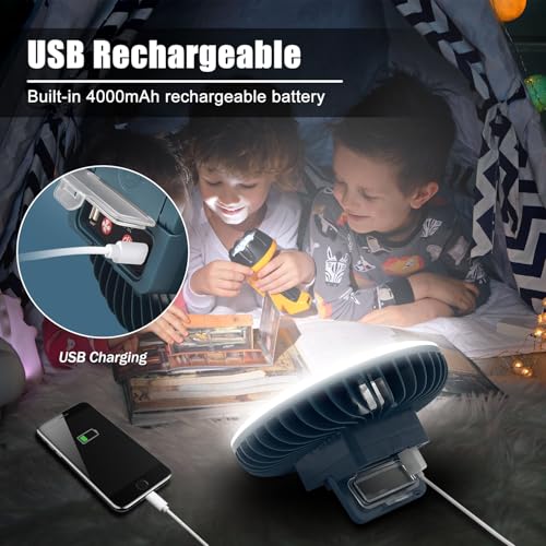 Portable Camping Fan with LED Lantern, USB Rechargeable Waterproof Tent Fan with Hanging Hook & Magnet - Survival & Outdoor Gear (Variation 1)