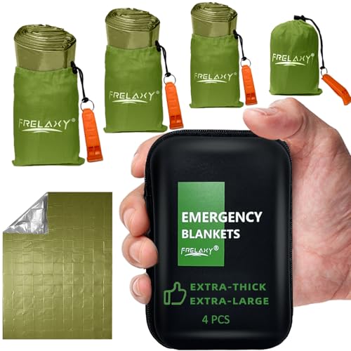 Frelaxy Emergency Blanket 4 Pack - Extra Thick Large Space Blankets with Whistles & Pouches, Army Green