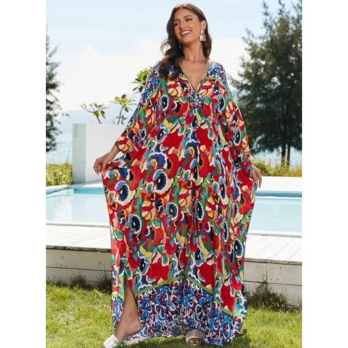 Women Kaftan Dresses Plus Size V-Neck Batwing Sleeves Beach Cover Up 2025 Summer Floral Print Caftan Dress