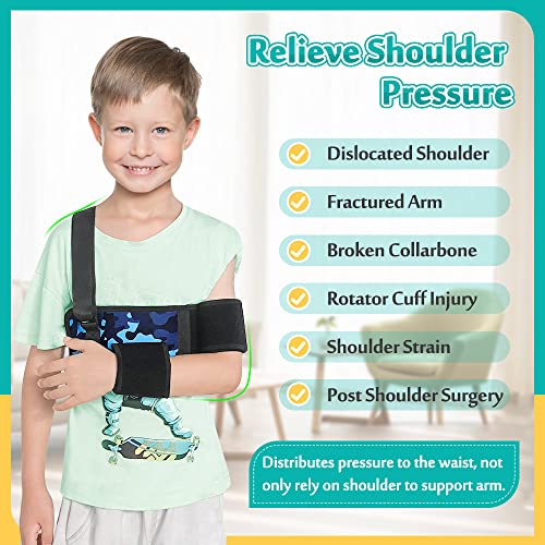 Kids Shoulder Immobilizer Sling with Waist Strap - Blue Camo Child Support Brace for Injury