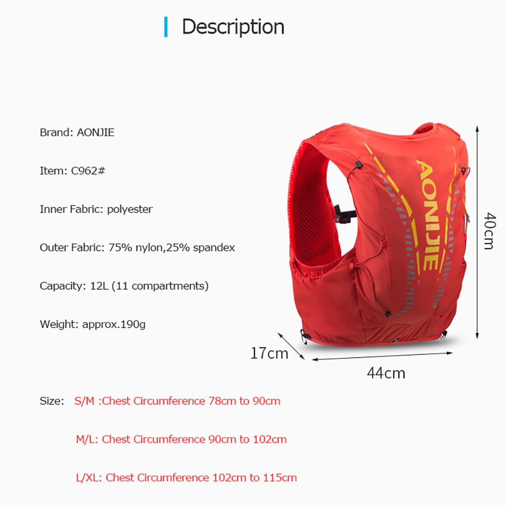 AONIJIE Running Hydration Vest 12L for Men and Women, Lightweight Hiking Backpack with 2 Soft Flasks for Running Hiking (Black with 2 Bottle, L/XL)