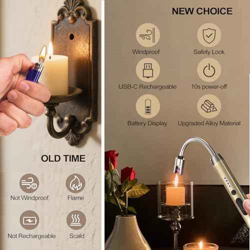 Electric Candle Lighter, USB-C Rechageable Arc Lighters for Camping, Long Lighter with 360¡Æ Neck & Safety Switch, Windproof & Flameless lighters for BBQ & Candle Lovers (Champagne Gold)