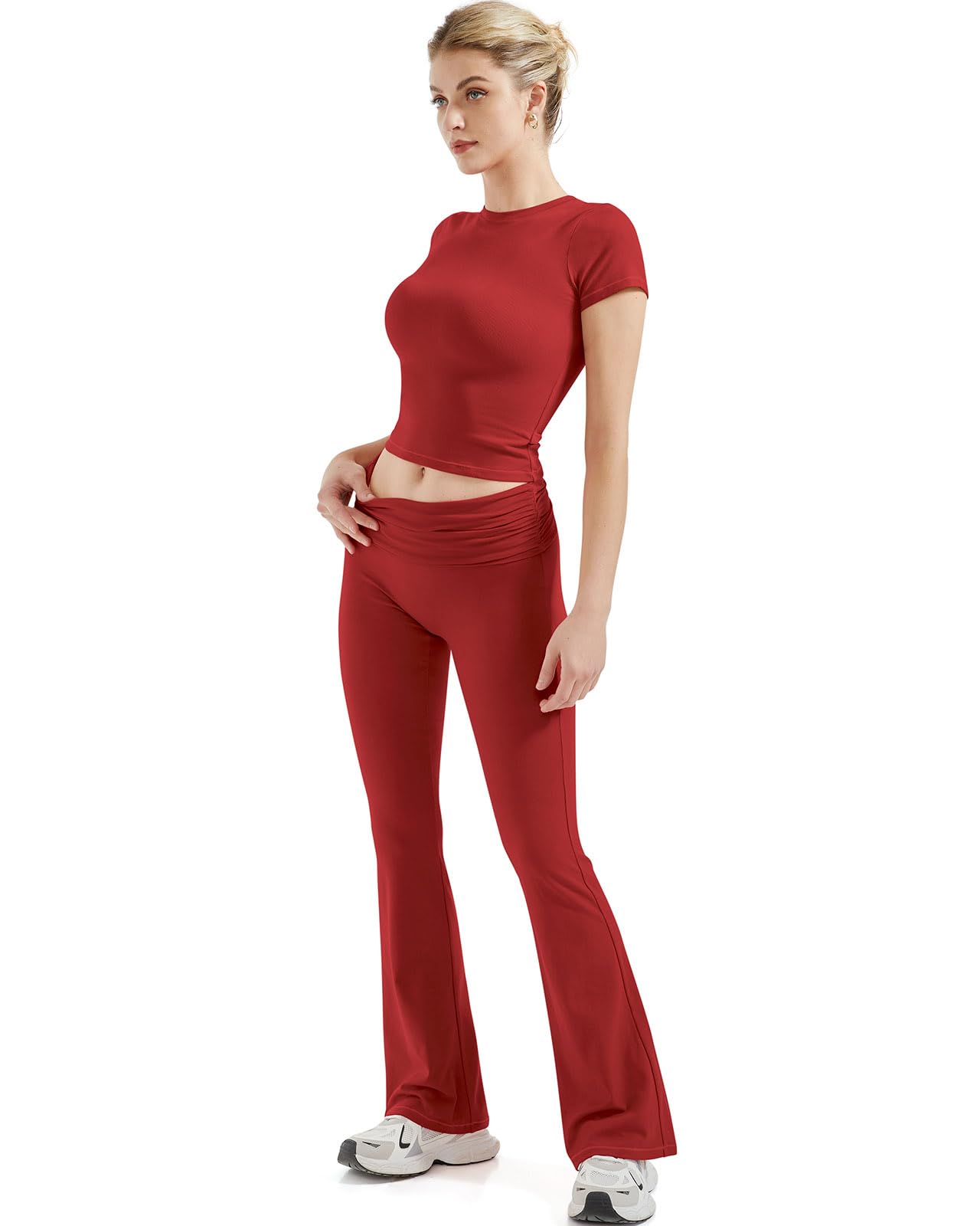 SUUKSESS Women 2 Piece Lounge Sets Going Out Y2K Foldover Pants Crew Neck Fitted Shirts Matching Pajamas (Red, S)