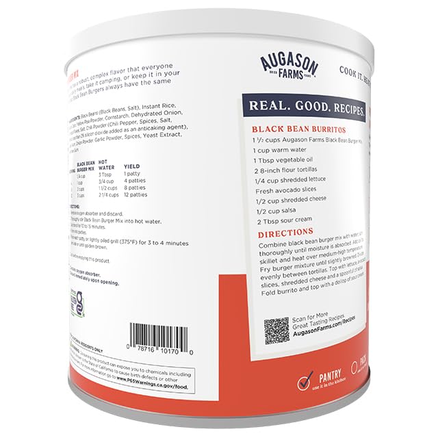 Augason Farms Black Bean Burger Mix 4-Gallon Pail, Certified Gluten Free, Emergency Food Supply, Everyday Meals, 215 Servings