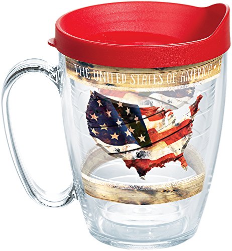 Insulated Tumbler with American Flag & Woodgrain Wrap - 16 oz, Clear & Red Lid