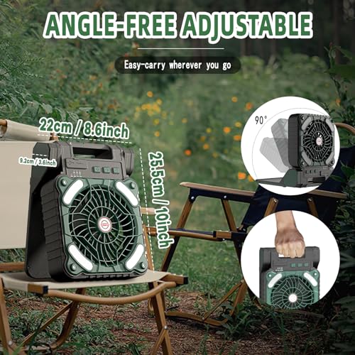 Solar Powered Portable Camping Fan,10400mAh rechargeable Solar Power Cordless Battery Fan with LED Lantern | 4 Wind Speeds Adjustable | 3 Timers Modes | Quiet , Perfect for Tent, Fishing ,Picnic