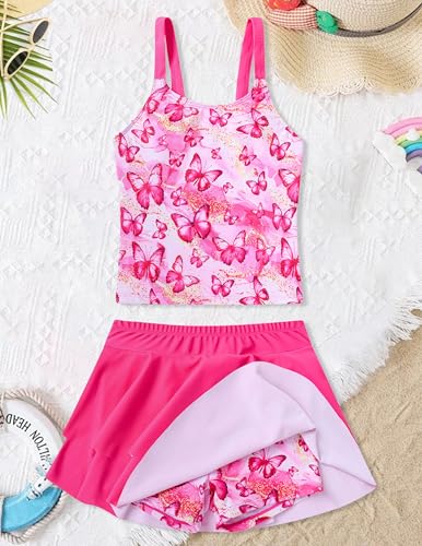 Girls Tankini Swimsuit Two-Piece Bathing Suit with Shorts 7-12Y - Butterflies, Size 9-10 Years