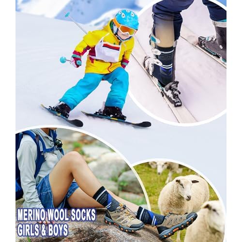 Yebing Kids Merino Wool Hiking Socks Boys Girls Toddlers Winter Warm Thermal Thick Cushion Boot Crew Gift Socks 6 Pairs