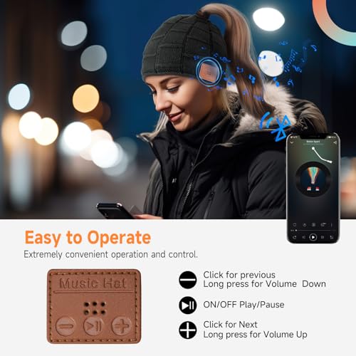 Bluetooth Beanie Hat, Women Rechargeable Headphone Beanie Cap, Windproof Winter Knit Cap, Crystal Clear Hands-Free Calling, Immersive Music Playback
