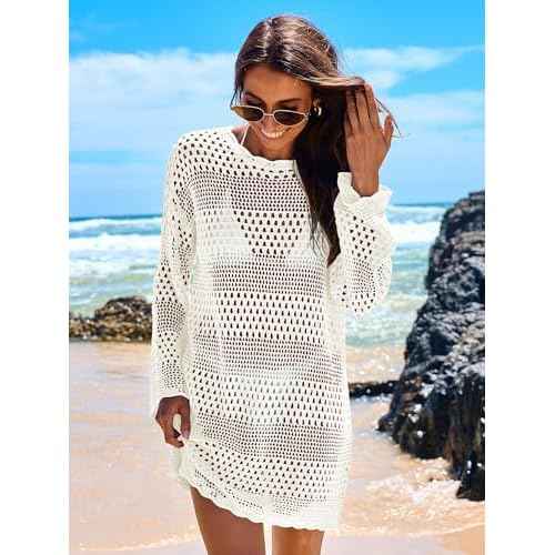 ANRABESS Women Swimsuit Crochet Swim Cover Up 2025 Summer Bathing Suit Swimwear Mesh Knit Beach Dress Vacation Outfits