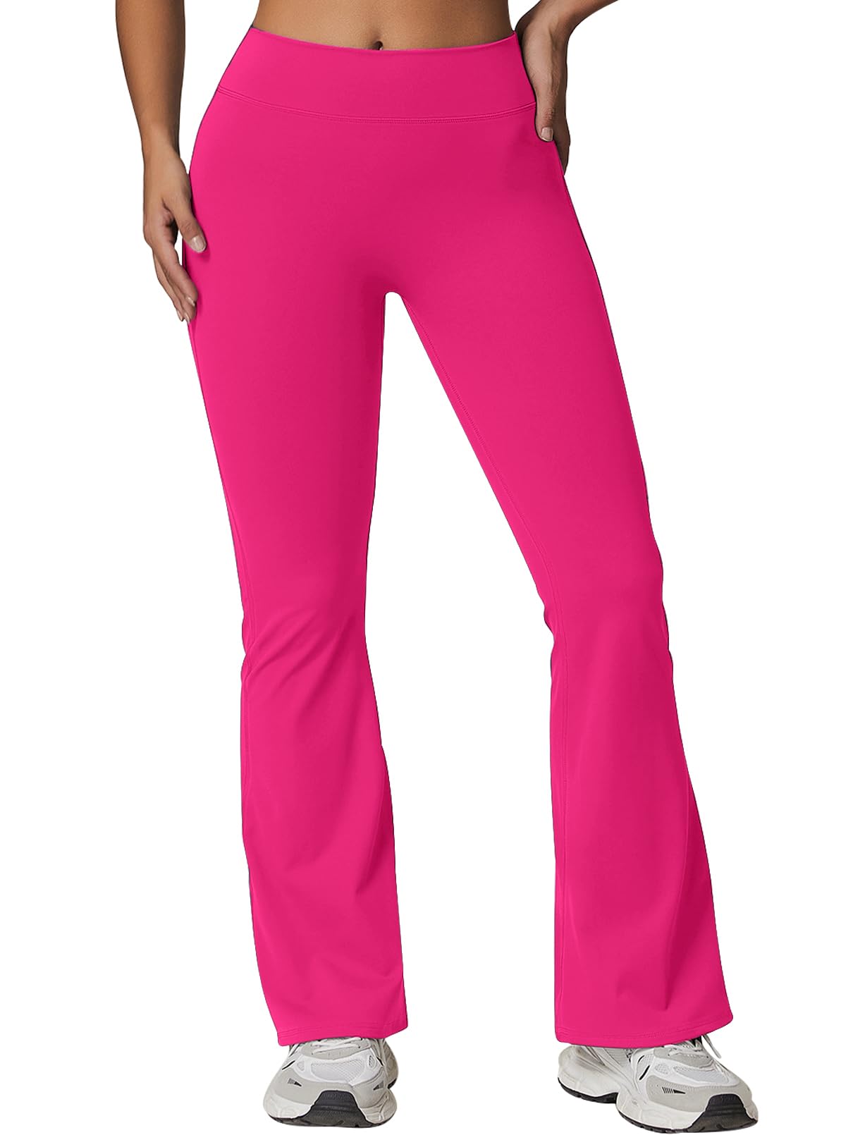 Rugkey Women High Waisted Flare Leggings with Pockets Tummy Control Compression Yoga Pants Scrunch Butt Lifting Workout Tights Rose-L