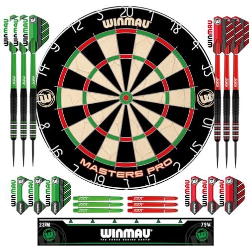 Winmau Darts - Masters Pro Premium Bristle Dartboard Set - Includes Dart Board, Darts, Flights, Shafts and Oche Strip - Professional Steel Tip Darts & Dart Board for Adults