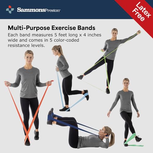 Sammons Preston Resistance Bands for Working Out, Non-Latex Exercise Bands, Resistance Bands for Physical Therapy, Improve Strength & Flexibility, Stretch & Tone Major Muscles, 5pk