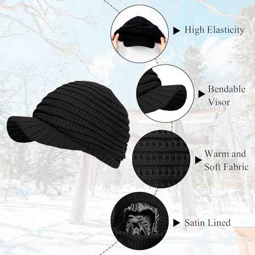 Century Star Women Satin Lined Winter Knit Hat with Visor Newsboy Cap Slouchy Beanie Cap Warm Winter Hat