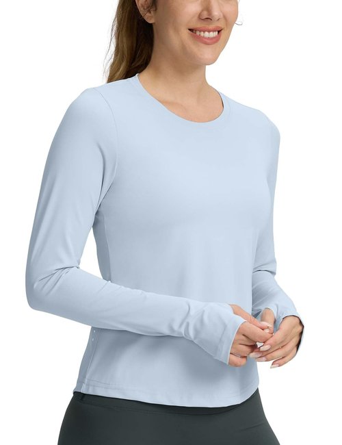 Long Sleeve Workout Tops for Women Lightweight Running Shirts Quick Dry Athletic Shirts Active Exercise Light Blue M