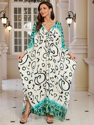 Plus Size Kaftan Dress for Women Abstract Pattern One Size African Moo Moo Batwing Beach Cover Up