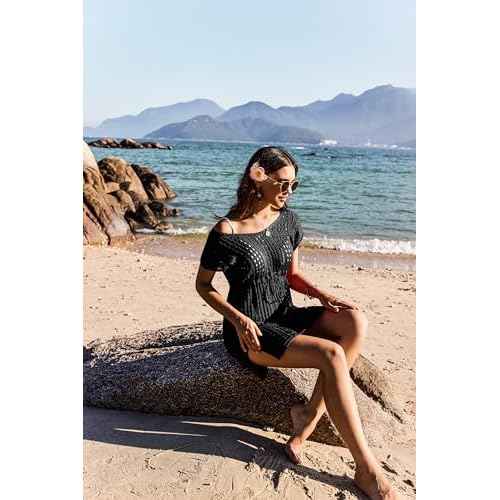 AI'MAGE Women's Crochet Cover Up Hollow Out Swimsuit Coverup V Neck Beachwear with Drawstring S-3XL