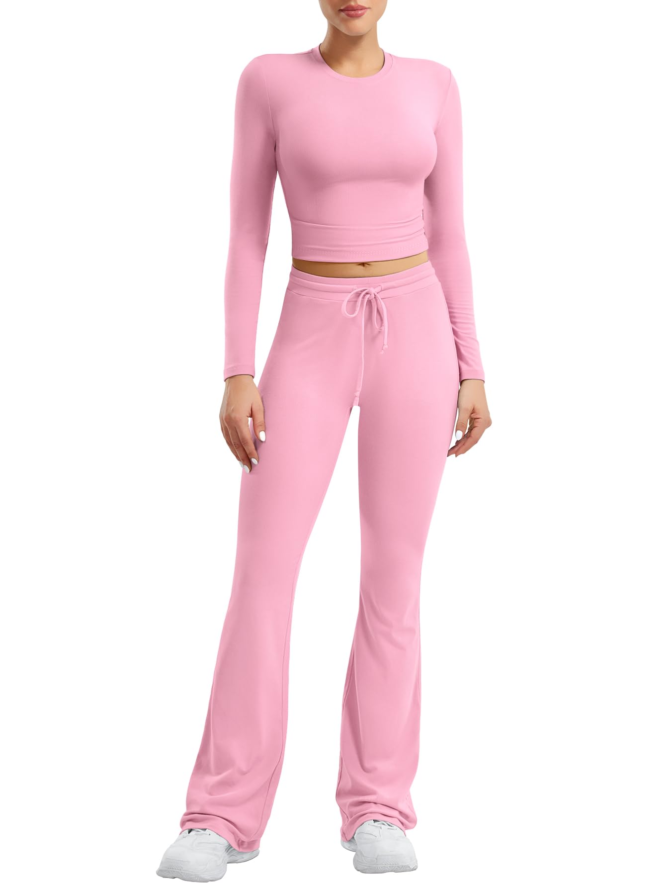 YEOREO Two Piece Sets for Women Long Sleeve Tops Lounge Set Drawstring Wide Leg Pants Ava Matching Pink M