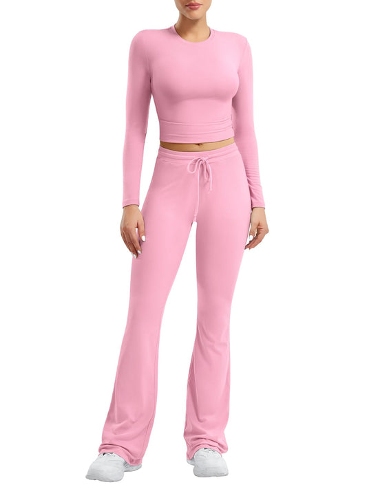 YEOREO Two Piece Sets for Women Long Sleeve Tops Lounge Set Drawstring Wide Leg Pants Ava Matching Pink M