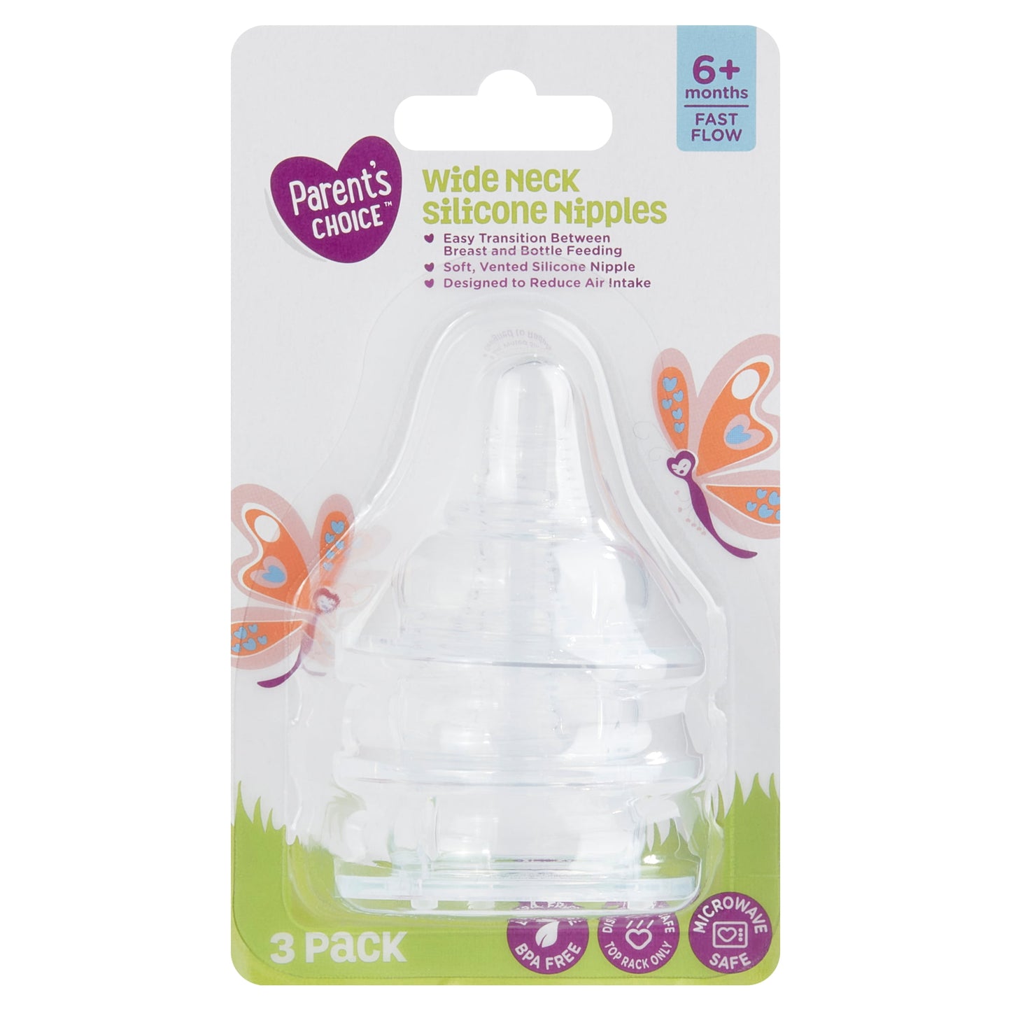Parent's Choice Wide Neck Silicone Nipples | 6+ Months | 3-Pack