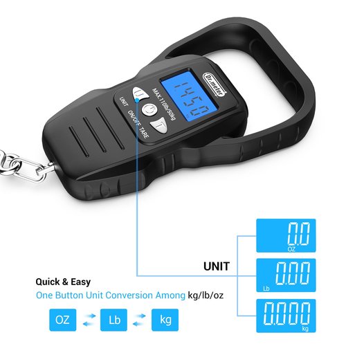 Dr.meter Fish Scale - Upgraded Backlit LCD Display Digital Scale with Built-in Measuring Tape - 110lb/50kg Luggage Scale Fishing Scale with 2 AAA Batteries, Large Handle - Fishing Gifts for Men,