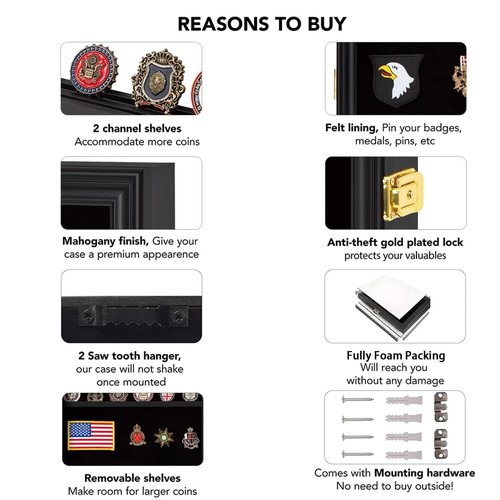 Verani Medals Display Case 2 Pack - Military Challenge Coin Display Shadow Box - Pin Display Cabinet with Removable Shelves and Pinnable Background for Badges Ribbons Insignia Buttons Small Black
