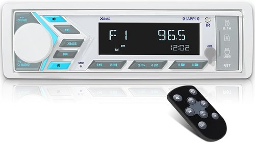 Bluetooth Marine Stereo Single Din - Boat Radio Receiver - Digital LCD Screen AM FM USB 2.1 A Charging AUX-in 4 Volts Preamp Outputs 2 Subwoofer Ports Remote Control