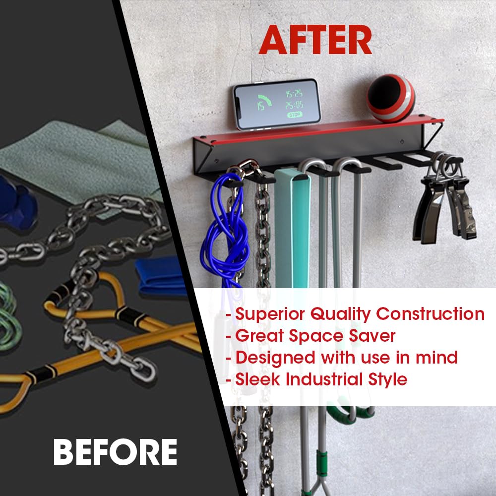 Home Gym Storage Accessory Rack Organizer with Shelf 8 Steel Hooks, Multi-Purpose Workout Gear Equipments, Fitness Resistance Bands, Lifting Belts Wall Rack Holder- MK713B
