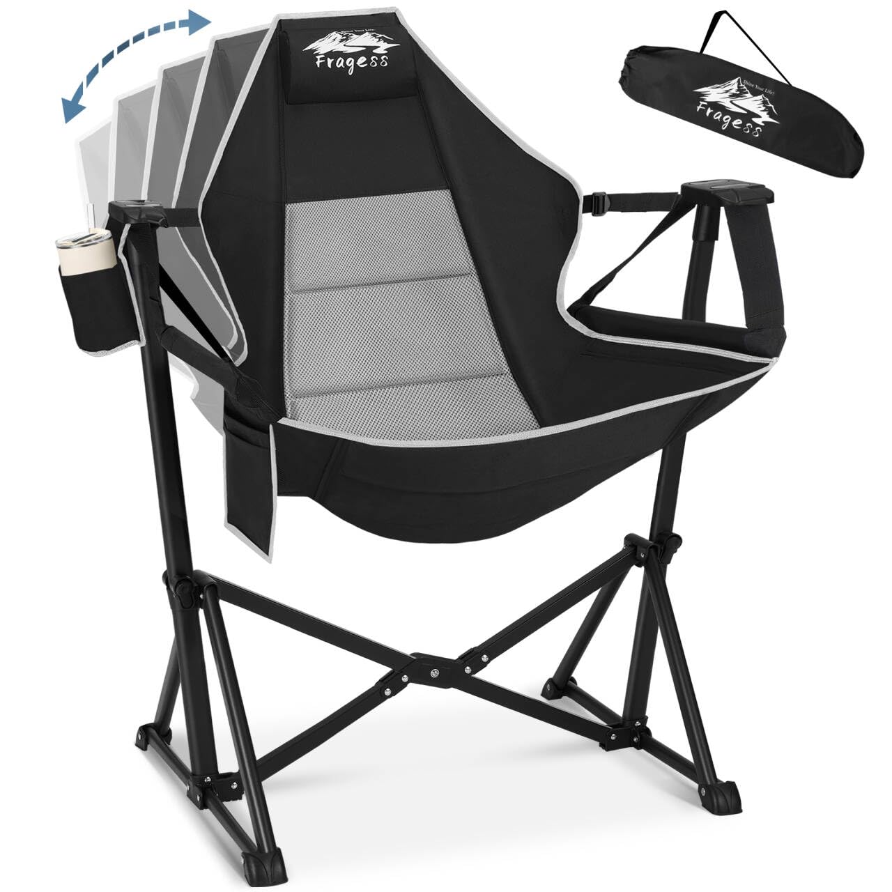 Fragess Portable Hammock Camping Chair with Adjustable Back, Folding Hammock Chair Supports 330lbs, Camping Swing Chair for Adults, Camping Hammock Chair for Lawn, Concerts, Backyard, Stargazer-Black