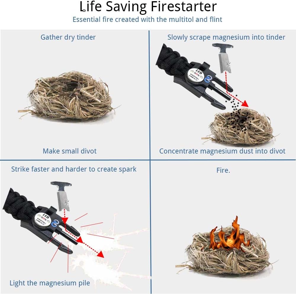 Survival Paracord Bracelet - Tactical Emergency Gear Kit with SOS LED Light, 550 Grade, Adjustable, Multitools, Fire Starter, Compass, and Whistle - Set of 2