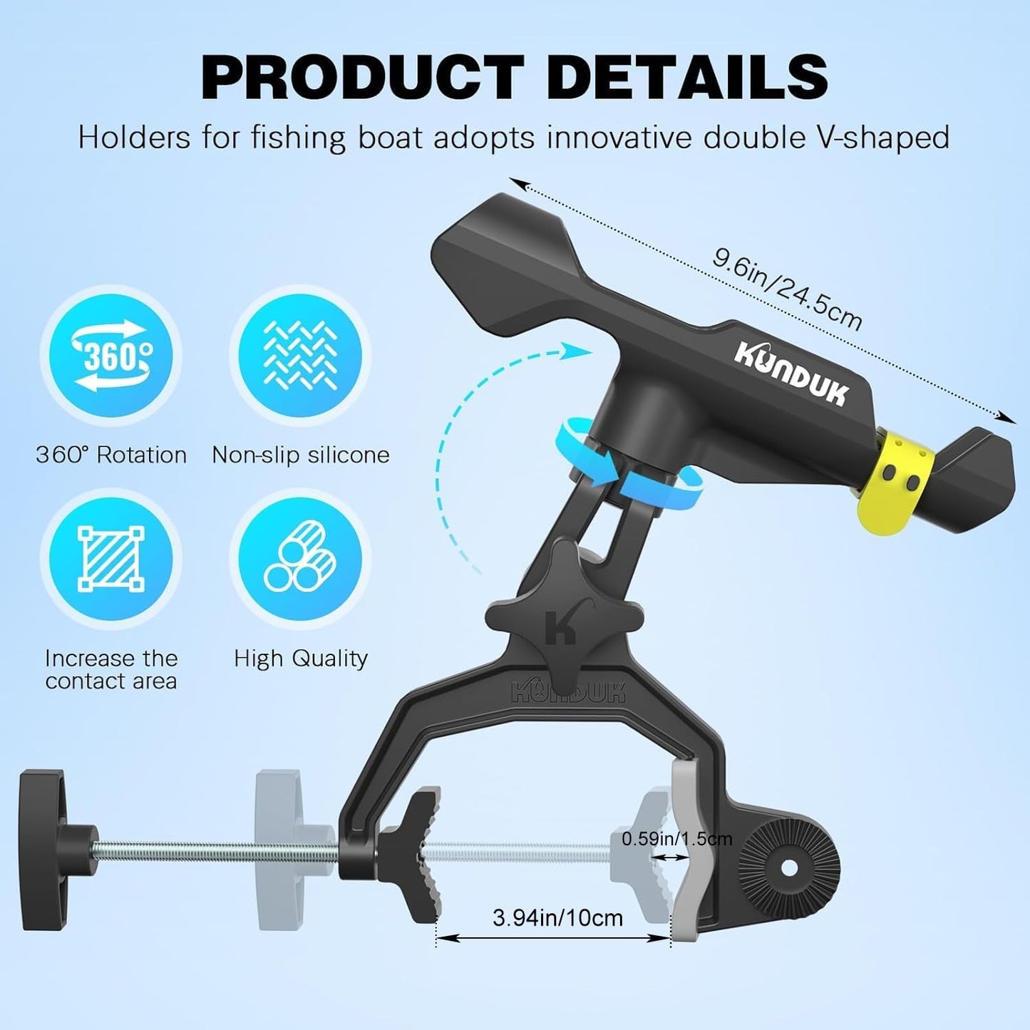 Upgraded Fishing Rod Holder with Button-Lock 360° Dual Rotation, Universal Silicone Strap & Enlarged V-Clamp – Fits Round/Square Tubes, Secure Adjustable Boat Fishing Gear for All Rod Sizes（2pack）