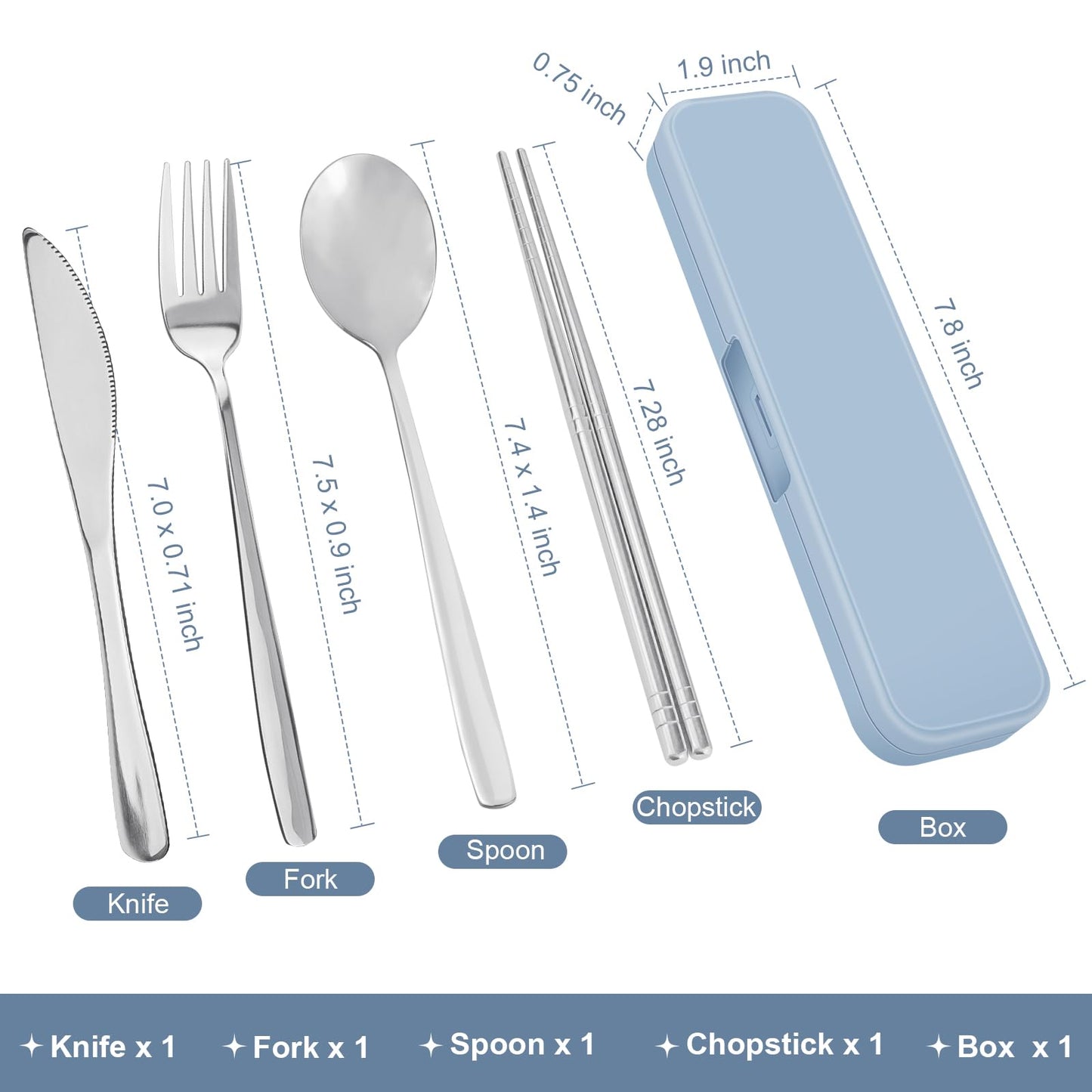 5 Piece Rsiynax Portable Travel Utensils Set with Case, Premium 304 Stainless Steel Camping Utensils Set, Reusable Silverware for Camping, Lunch, Work, School, etc, Easy to Clean (Silver)