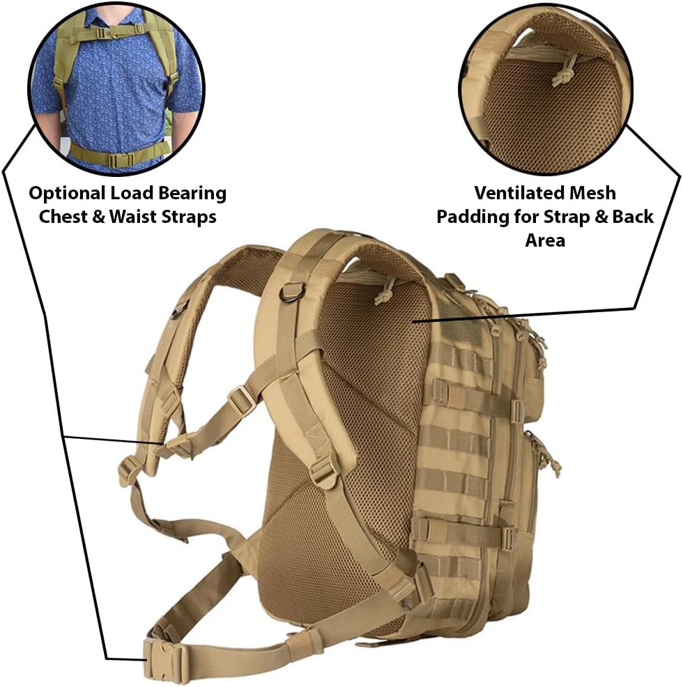 Exos Bravo Backpack - Large Military Hiking Backpack 34L - Waterproof Heavy-Duty Molle Hunting Bag for Men - Tactical Rucksack Daypack - Hydration Pack Compatible for Running, Cycling - (Coyote Tan)