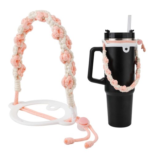 NQEUEPN Water Bottle Handle for Stanley Cup & Water Bottles 8-40oz, Boho Macrame Water Bottle Handle Strap Silicone Water Bottle Strap Coffee Mug Sling Travel Tumbler Accessories