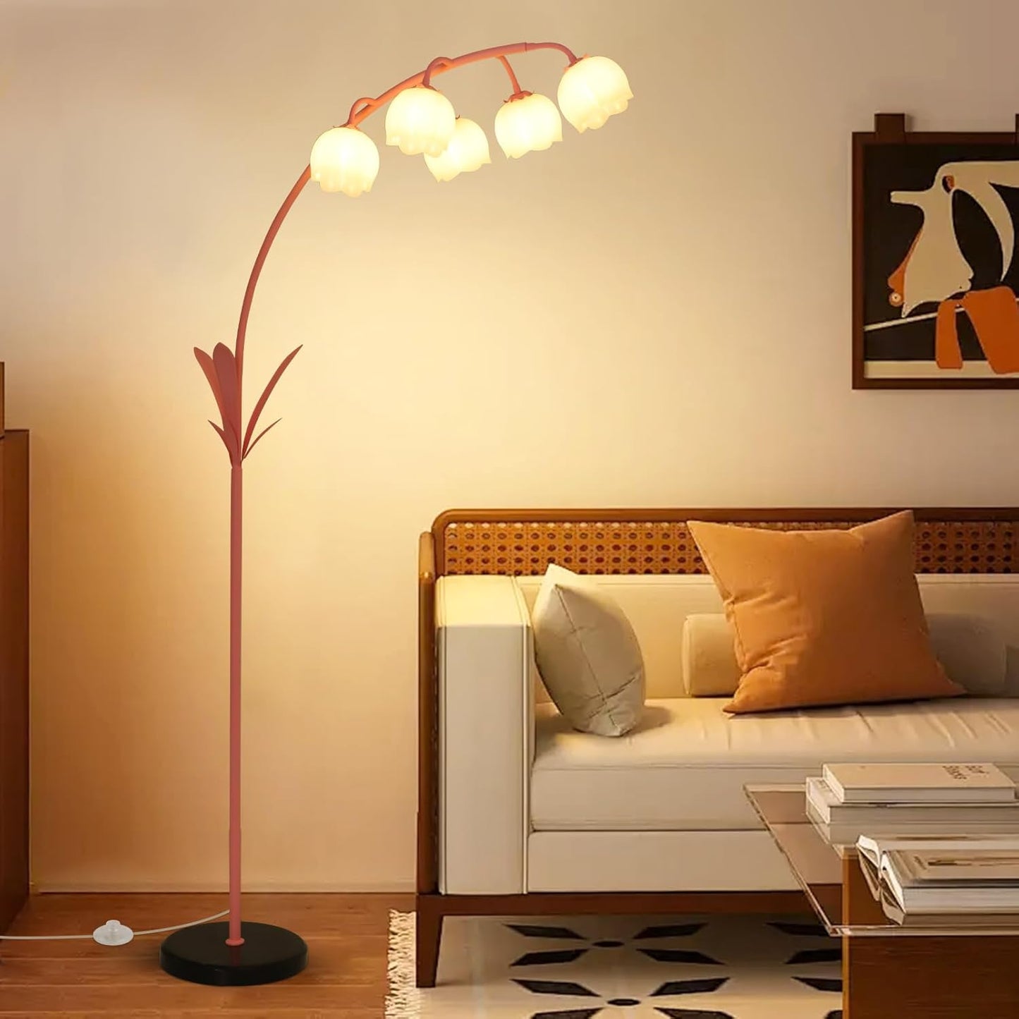 HMVPL Arc Floor Lamp for Living Room, Flower Floor Lamp with 5 G9 LED Bulbs, Foot Switch, Green Floral Standing Lamp with Acrylic Shade, Curved Tall Lamp for Living Room Bedroom Corner Kids Reading