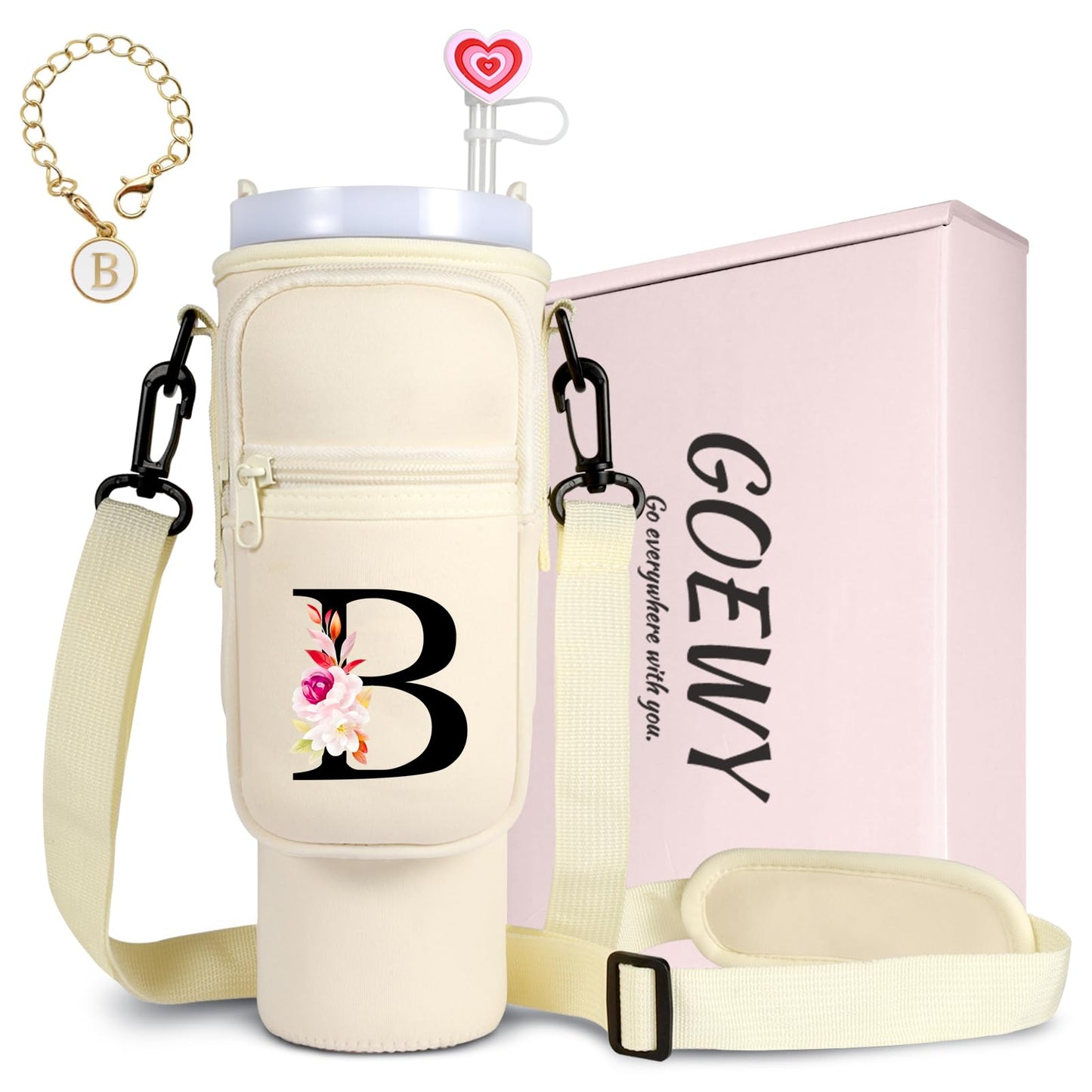 GOEWY Water Bottle Carrier Bag for Stanley 30 oz Tumbler with Handle Neoprene Water Bottle Holder Pouch Stanley Cup Accessories Gift Set with 1 Straw Cover & 1 Letter Charm B