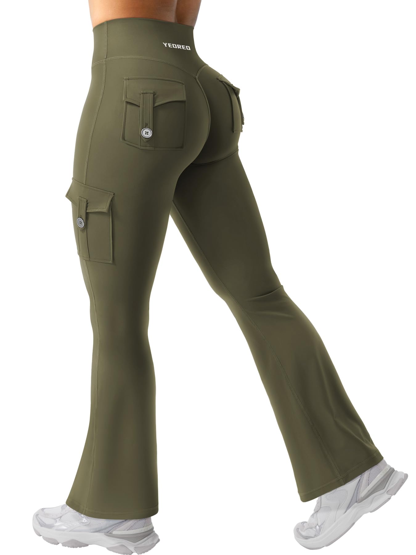 YEOREO CoreFlex Women Workout Flare Leggings with Pockets Scrunch Cargo Gym Yoga Leggings Army Green L