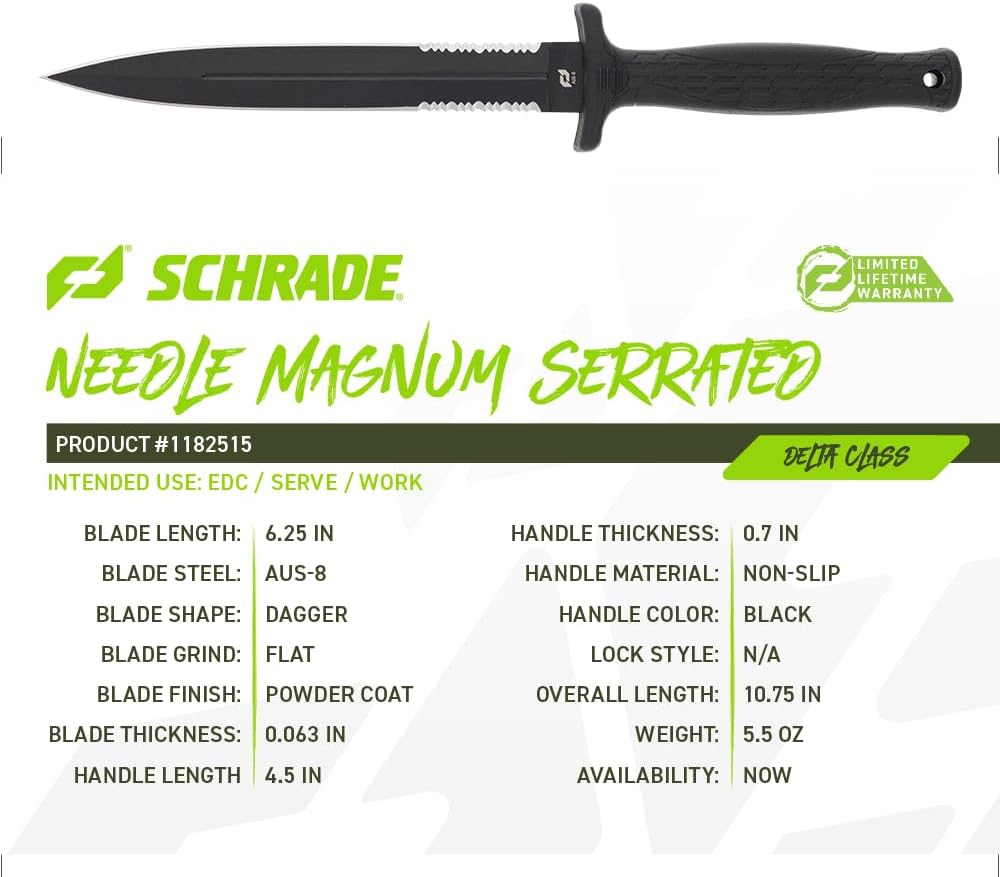 Schrade Delta Class Needle Magnum Serrated Fixed Blade with High Carbon Stainless Steel for Outdoor Survival