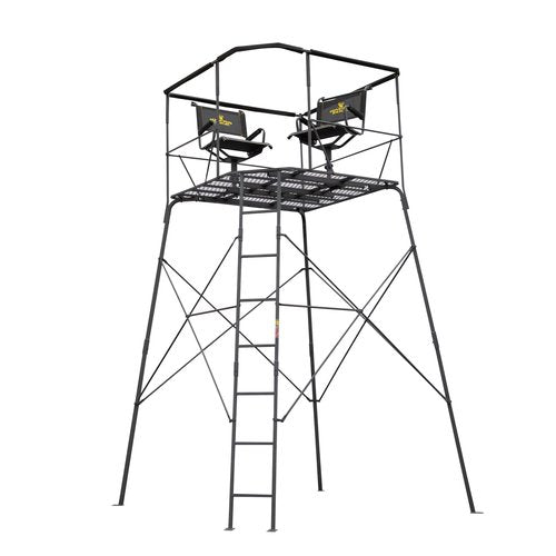 Rivers Edge® 12’ 2-Man Quad Pod Tower Stand, TearTuff™ Mesh Seats, 360-Degree Swivel Chairs, Adjustable Padded Shooting Rail, Unmatched Stability, Oversized Platform, RE401