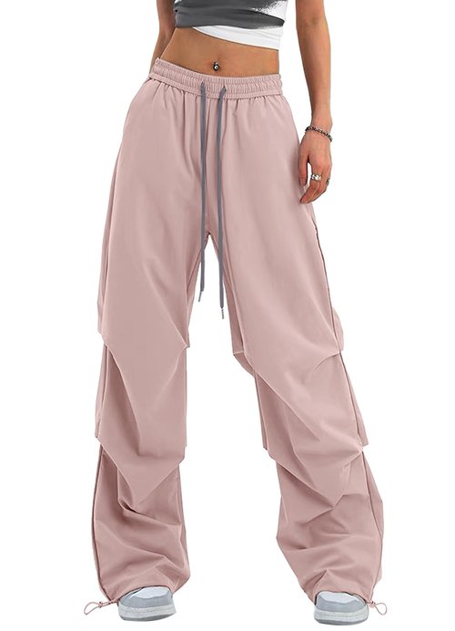 Bakyarder Women's Casual Parachute Pants Long Baggy Hiking Lightweight Drawstring Elastic Waist Wide Leg Track Trousers Y2K Streetwear Reflective Strips Pants Pink X-Large