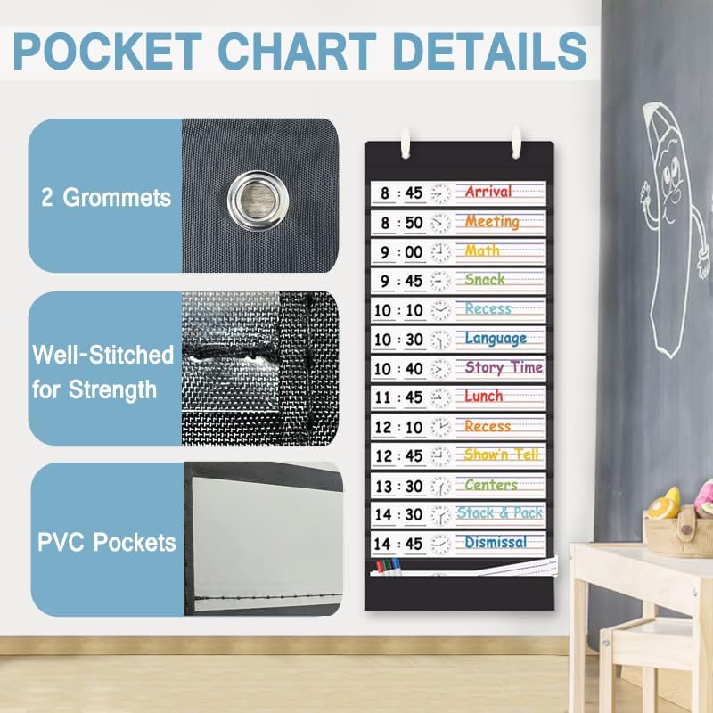 TOGETRUE Classroom Schedule Pocket Chart, Double Sided Daily Schedule with 18 Erasable Cards, 13+1 Pockets, Visual Pocket Chart for Classroom, Home, Office, 35.5" X 13"