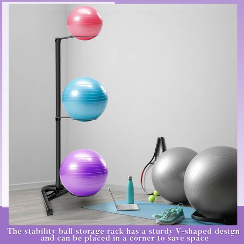 Blulu Yoga Ball Holder Stability Ball Rack Vertical Exercise Ball Stand Gym Ball Storage with Tubular Steel Frame for Home Commercial Gym Studios, Holds 3 Stability Balls