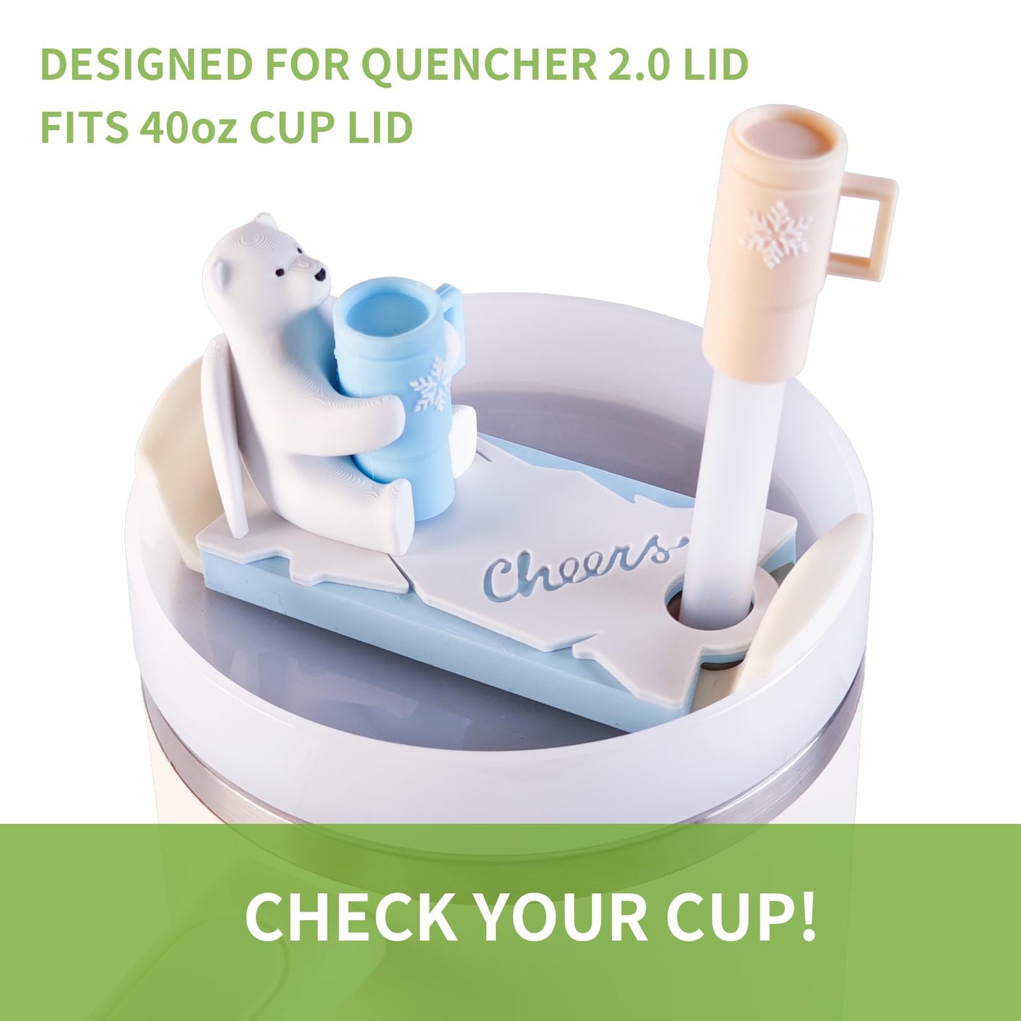 Angel Bear Name Plate with 2PCS Straw Caps for Stanley Cup Cute Funny Accessories for Man & Woman Gift (Bear Cheers 40oz Purple)