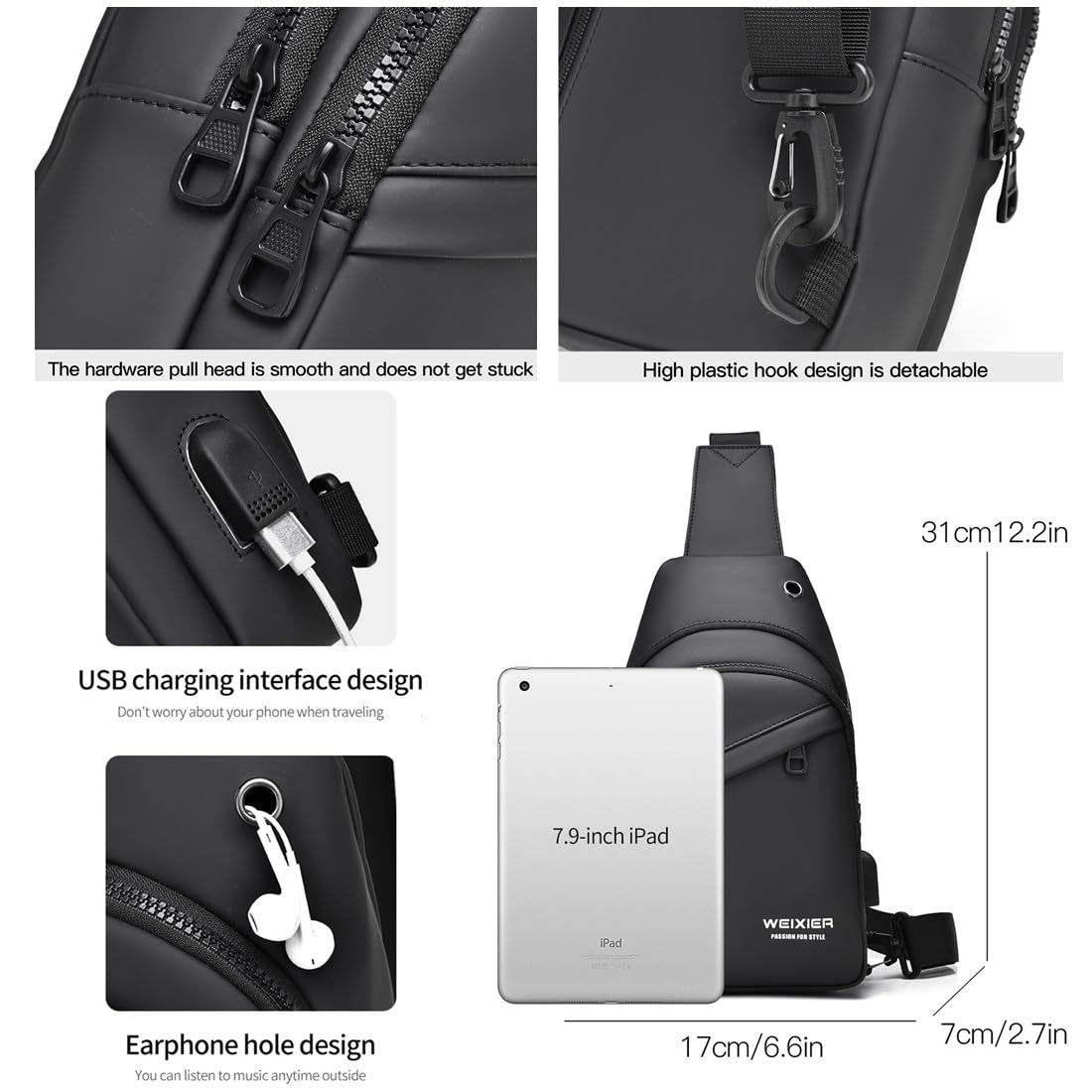 Hjkiopc Waterproof Sling Bags Mens Shoulder Crossbody Backpack with USB Charging Port& Headphone,Outdoor Lightweight Bag