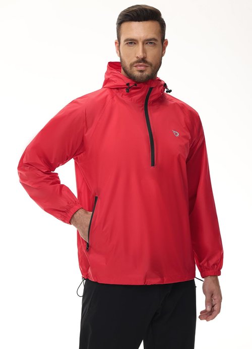 baleaf Men's Light Running Hiking Rain Jacket Waterproof with Hood Windbreaker Pullover Coats Hoodie Packable Red 2XL