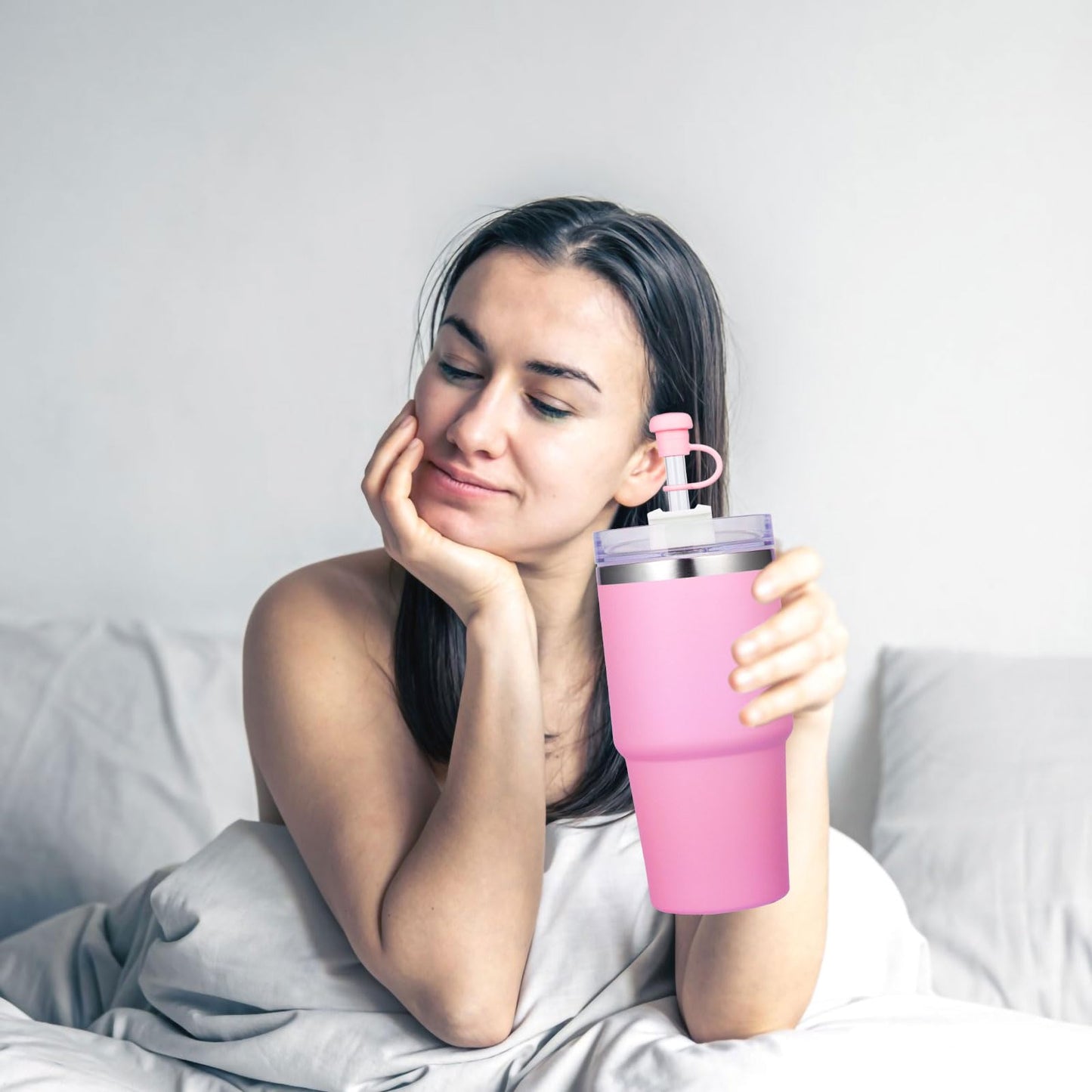 6-Pack Straw Covers for Stanley Cup, Silicone Straws Topper-s for 40 30 20 oz Stanley Cups Accessories, Straw Cover Caps for Yeti Tumbler, Cute Leakproof Anti-Dust Reusable, Pink White Clear