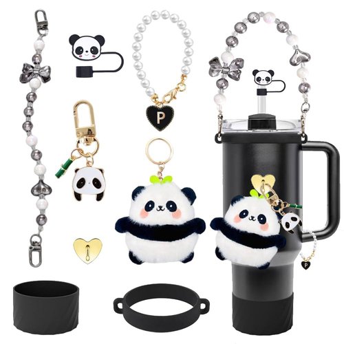 Lavenimary Stanley Cup Accessories Set Including Water Bottle Handle Strap, Siliocne Stanley Cup Boot, Siliocne Straw Cover, Stanley Charms for Stanley Cup 40oz & 30oz Tumbler (Panda)