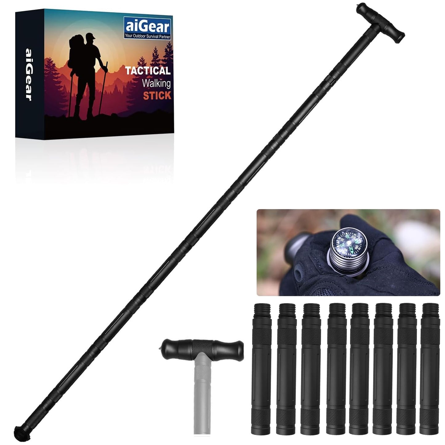 aiGear Walking Hiking Stick with Compass and Whistle, 16 in 1 Survive Walking Hiking Stick Outdoor Trekking Poles with Solid Durable Survive Tools 8 Tubes