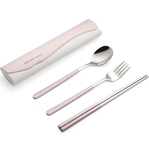 DEVICO Portable Travel Utensils with Case, Reusable Camping Silverware for Lunch, 18/8 Stainless Steel Cutlery Set (Pink)